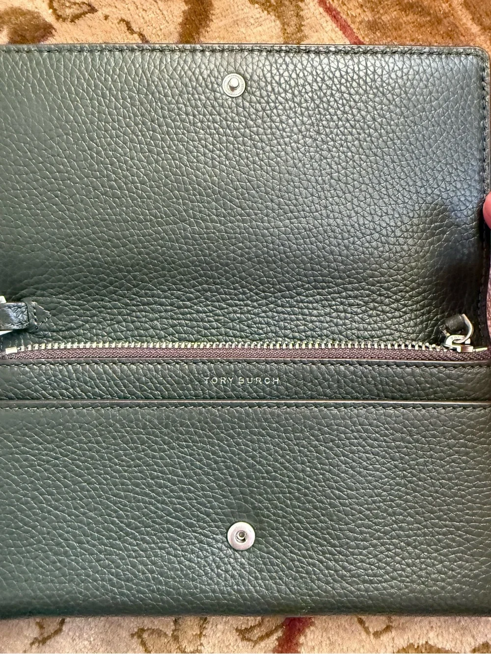 Tory Burch Britten Pebbled Leather Continental Wristlet  Green & Silver